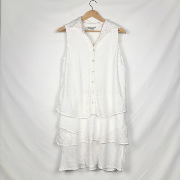 Finley Jasmine Sleeveless Tiered White Linen Dress Collared Button Front Size S - Picture 2 of 7